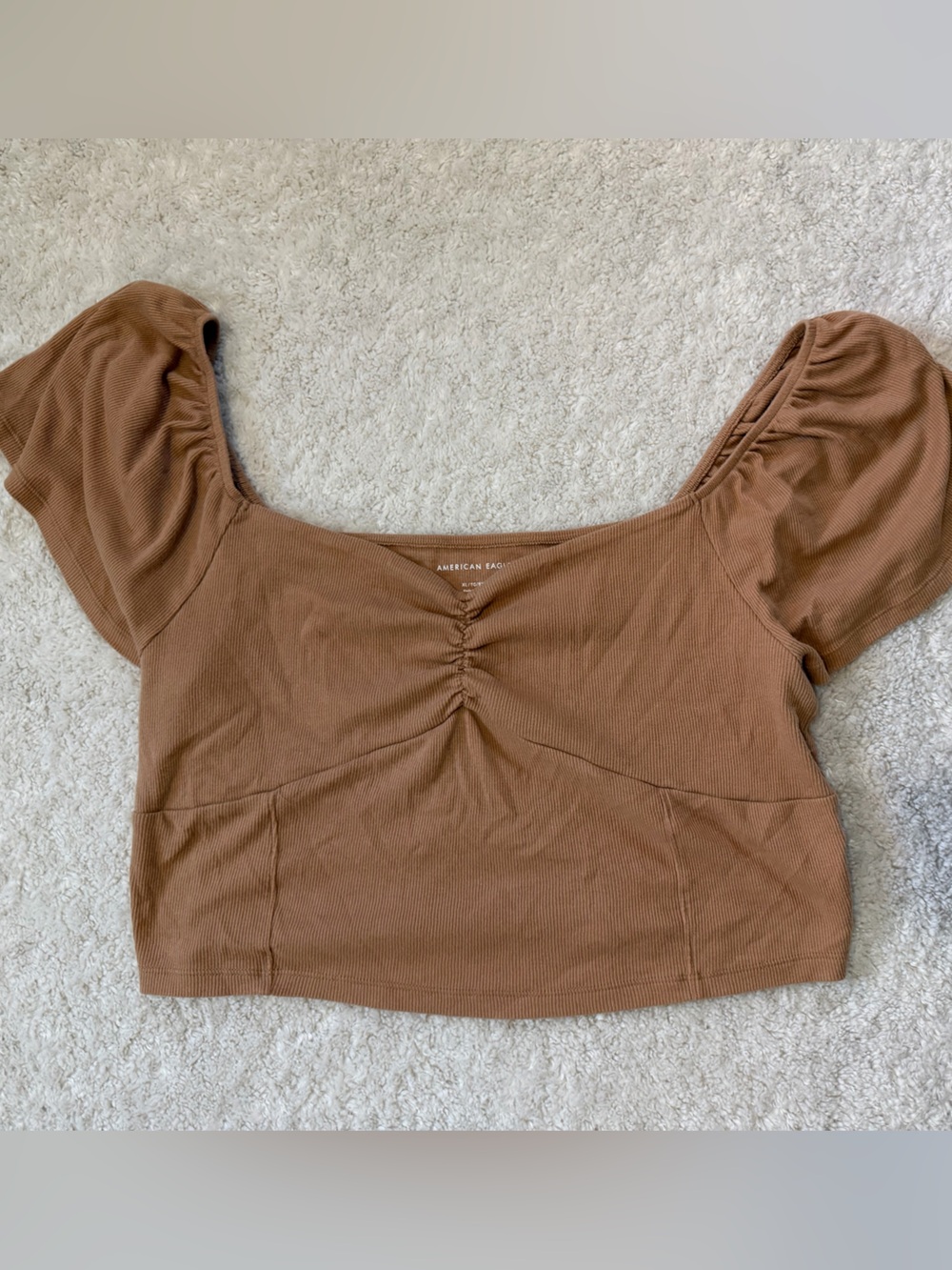 American Eagle Outfitters Ribbed Puff Sleeve Crop Top in Brown